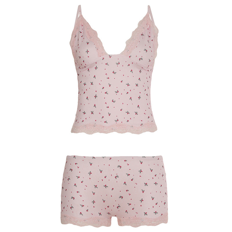 Casual Homewear Small Floral Lace Sexy Camisole Shorts Pajamas Two Piece Sets
