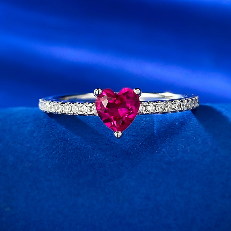 925 Silver Small Heart Ring Inlaid High Carbon Diamond Artificial Red Treasure Women