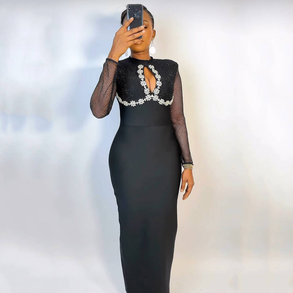 Long Sleeve Net Drill Stitching Hollow Out Cutout Bandage One Piece Dress Ladies Cocktail Party Evening Dress