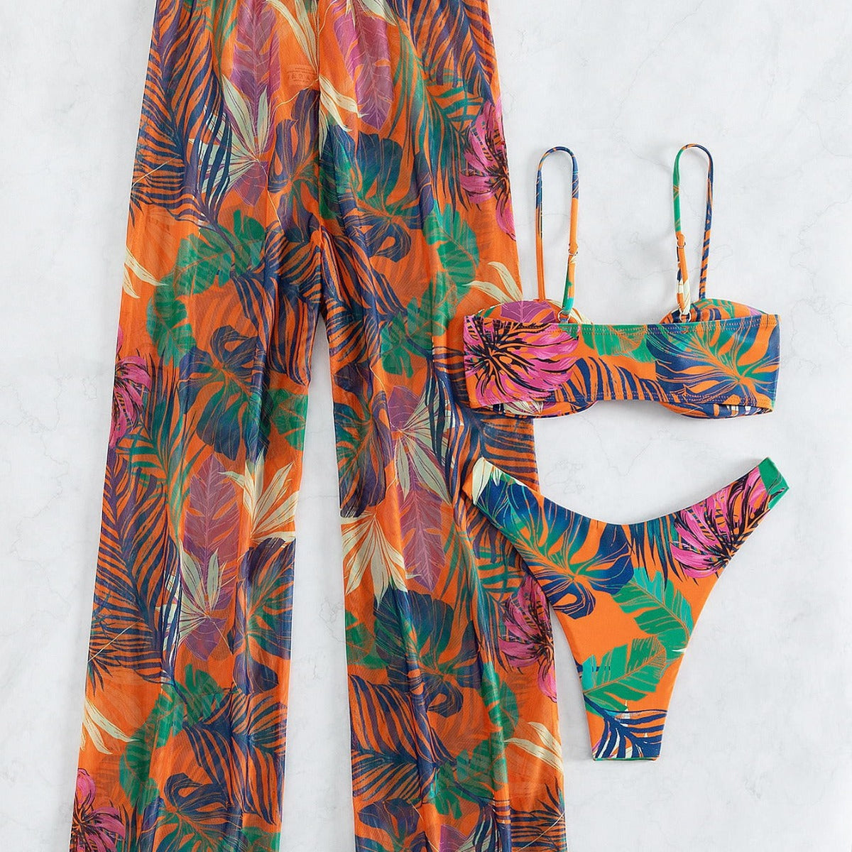 Plant Print Spaghetti Strap Buckle Tube Top High Cut Briefs Trousers Split Three Piece Bikini