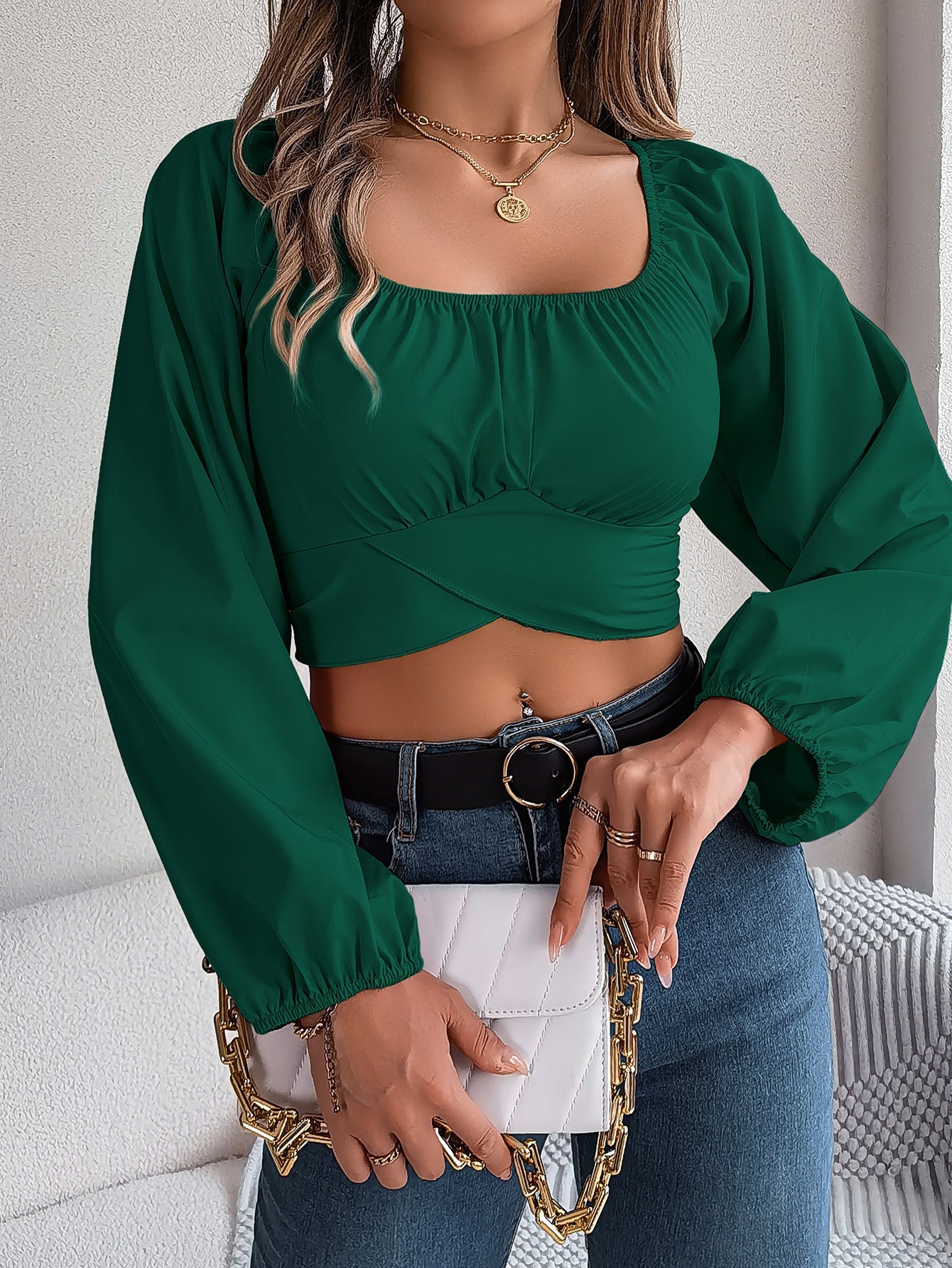 Spring Summer Casual Lantern Sleeve Lace up Waist Chiffon Shirt Cropped Top Women Clothing