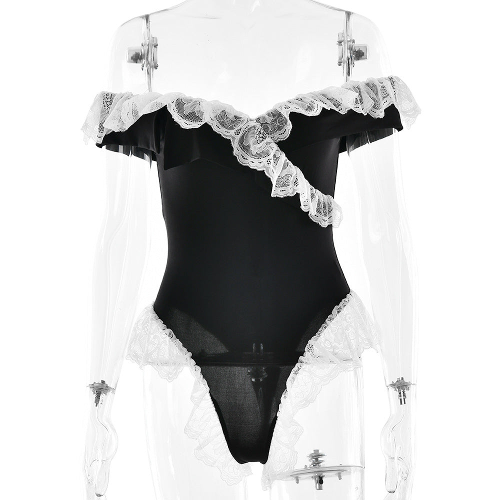 Sexy Tight Backless Top Women Sexy Stitching Lace Sleeveless Leotard