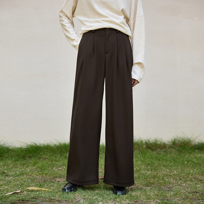 Autumn Winter Wool Straight Leg Pants Women High Waist Pleated Crisp Embellished Wide Leg Pants All Matching Slimming Warm Trousers