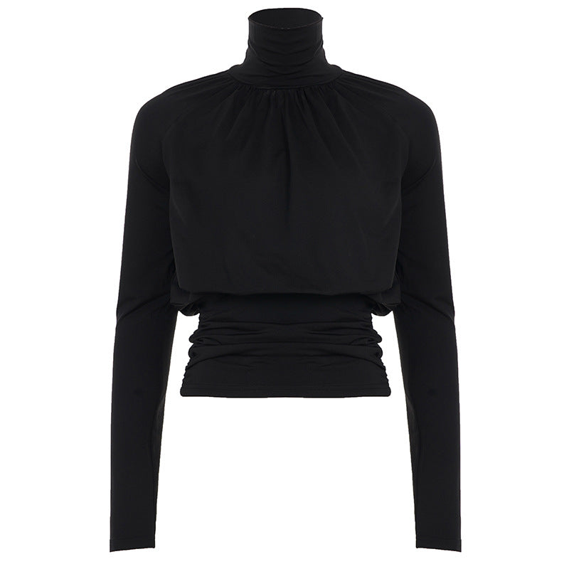 Solid Color Turtleneck Fitted Waist Pleated Bottoming Top Women Autumn Fashionable Elegant All Match Long Sleeve T shirt