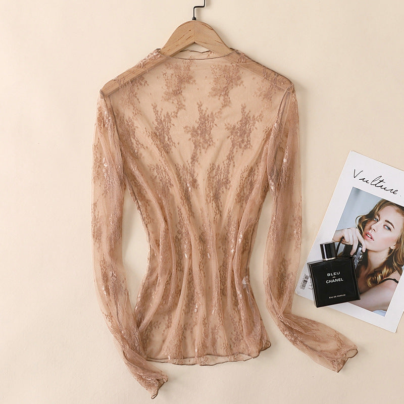 Autumn Winter Lace Bottoming Shirt Women Long Sleeve Half High Collar Inner Match Hollow Out Cutout Out Chiffon Western Sexy Mesh Top