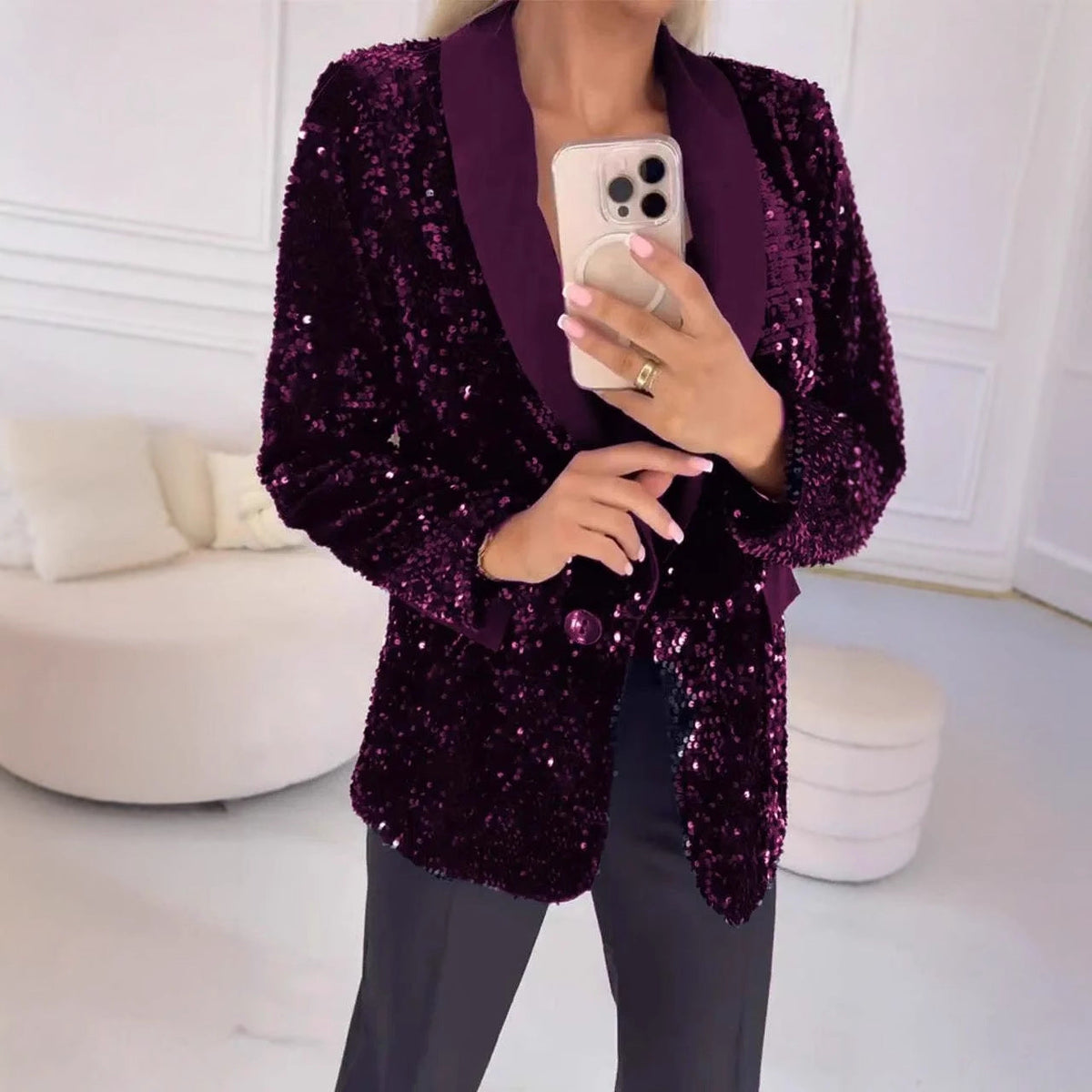 Autumn Winter Casual Fashionable Sequ Collared Blazer