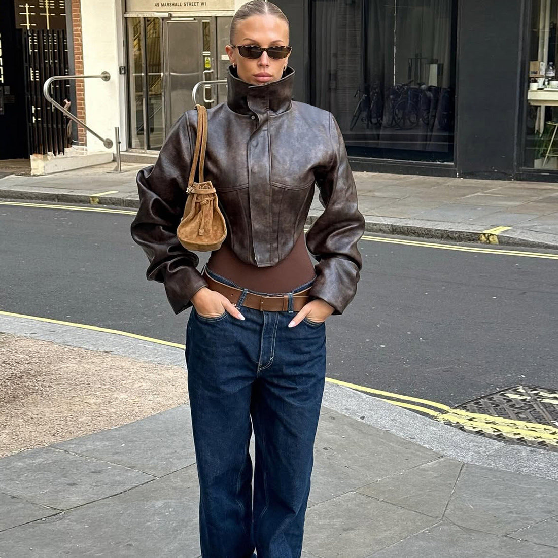 Autumn Winter Slim Slimming High Collar Solid Color Zipper Short Faux Leather Coat Women Clothing