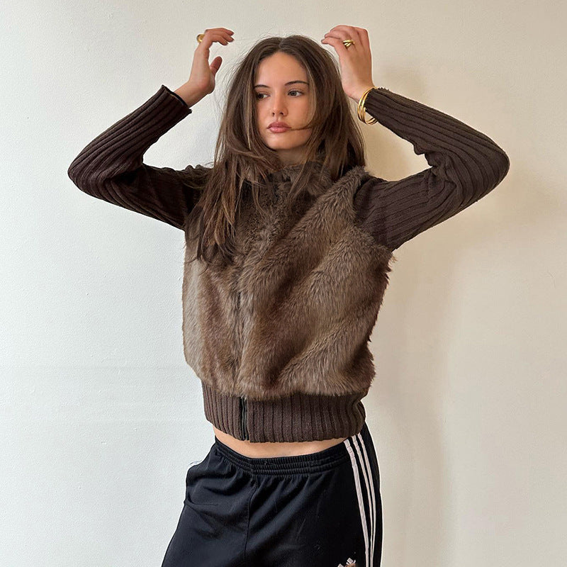 Autumn Winter Elegant Stitching Collared Zipper Thermal Furry Coat