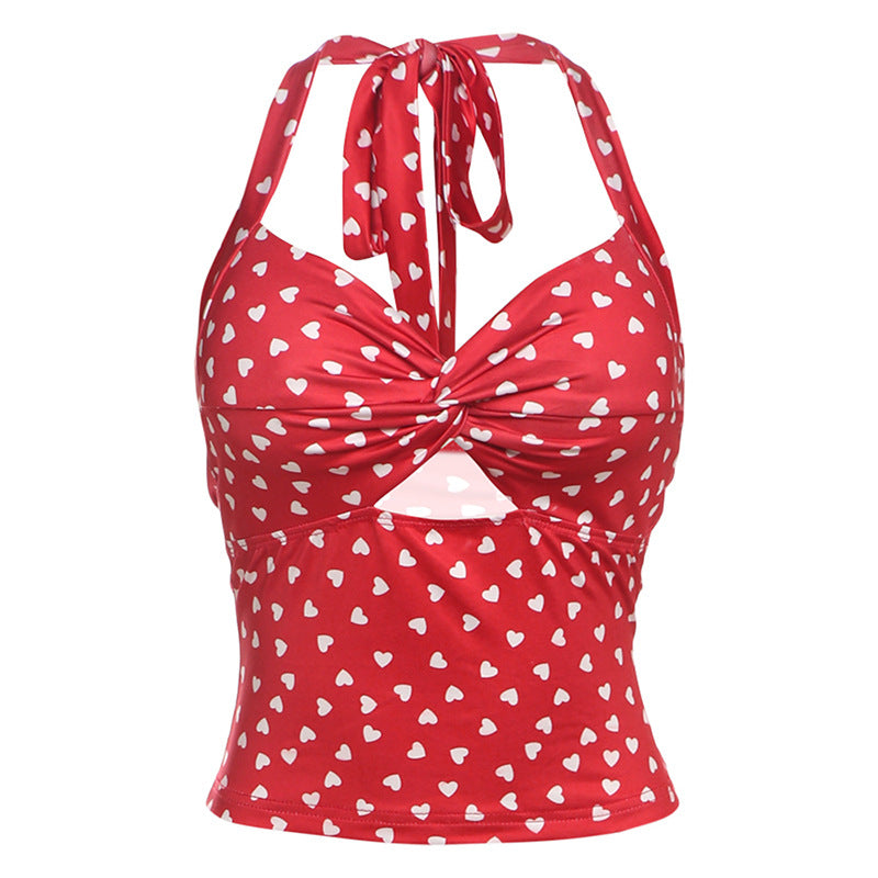 Women Clothing Spring Summer Sexy Sexy Slim Fit Halter Cut out Strap Printing Camisole Women