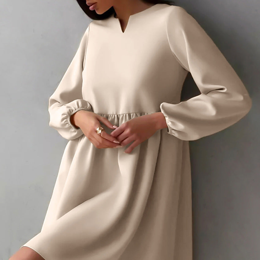 Wine Red V Neck Puff Sleeve High Waist Dress Chic Russian Spring Women