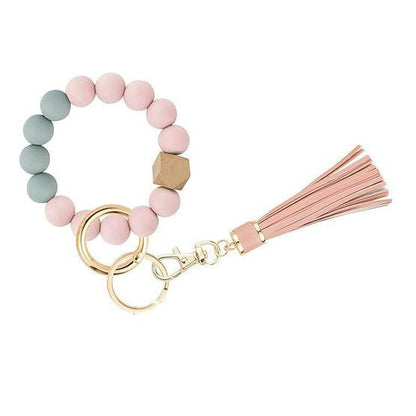 PU Tassel Keychain Bag charm Silicone Beaded Keychain Wristlet Key Ring Bracelet Cute Car Key Chain Holder for Women Girls
