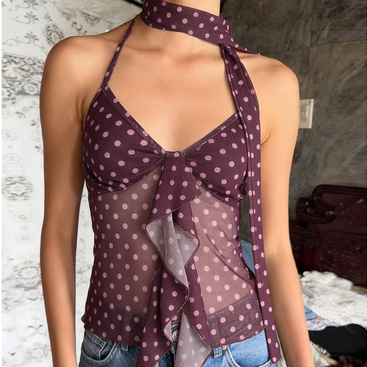 Retro Dots Wooden Ear Swing Halter Lace up Camisole Mesh Stitching Scarf Sleeveless Top