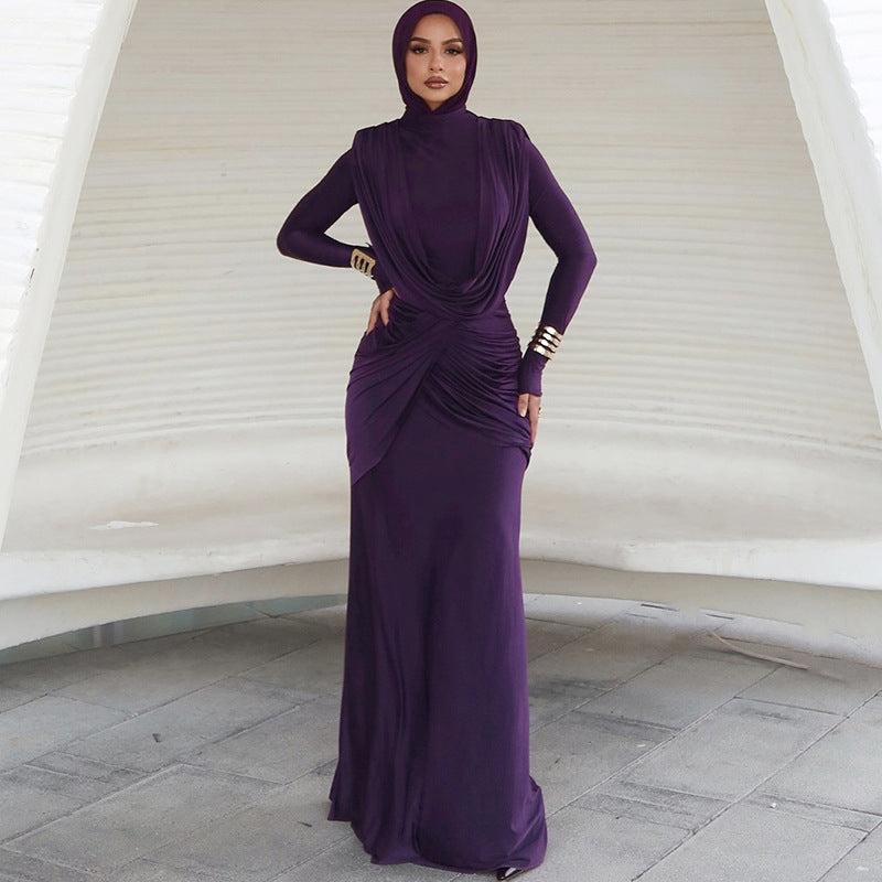 Autumn Winter Slim Half Turtleneck Solid Color Irregular Asymmetric Elegant Dress Women Clothing