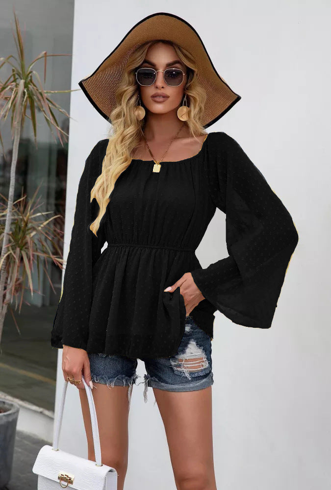 Mature Elegant Pullover Long Sleeve Square-Neck off-Neck Slim Shirt for Women