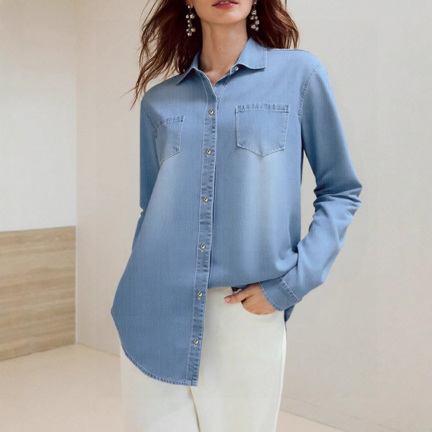 Simple Casual Loose Single Breasted Denim Shacket