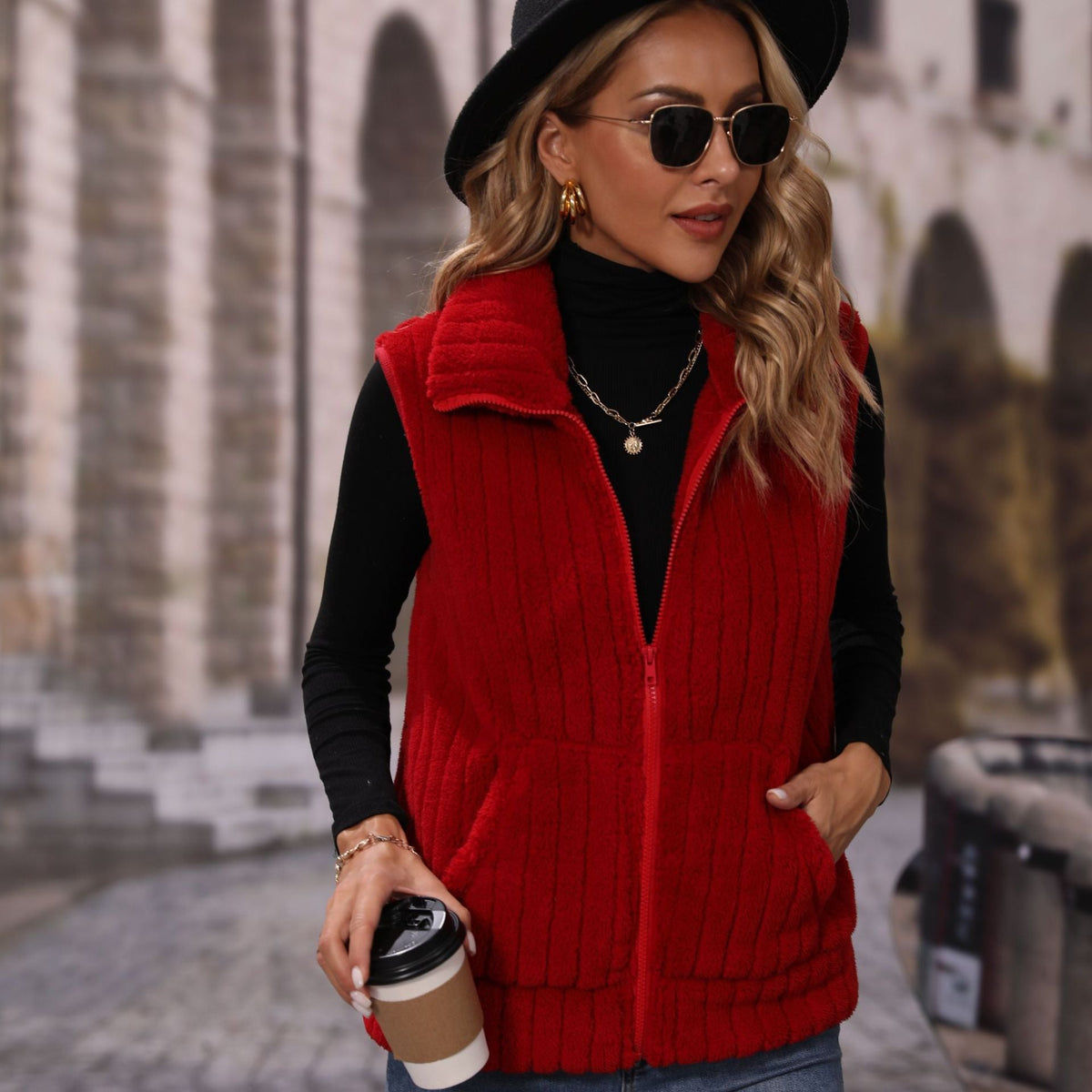Fall Women Collared Sleeveless Loose Striped Zipper Plush Casual Jacket