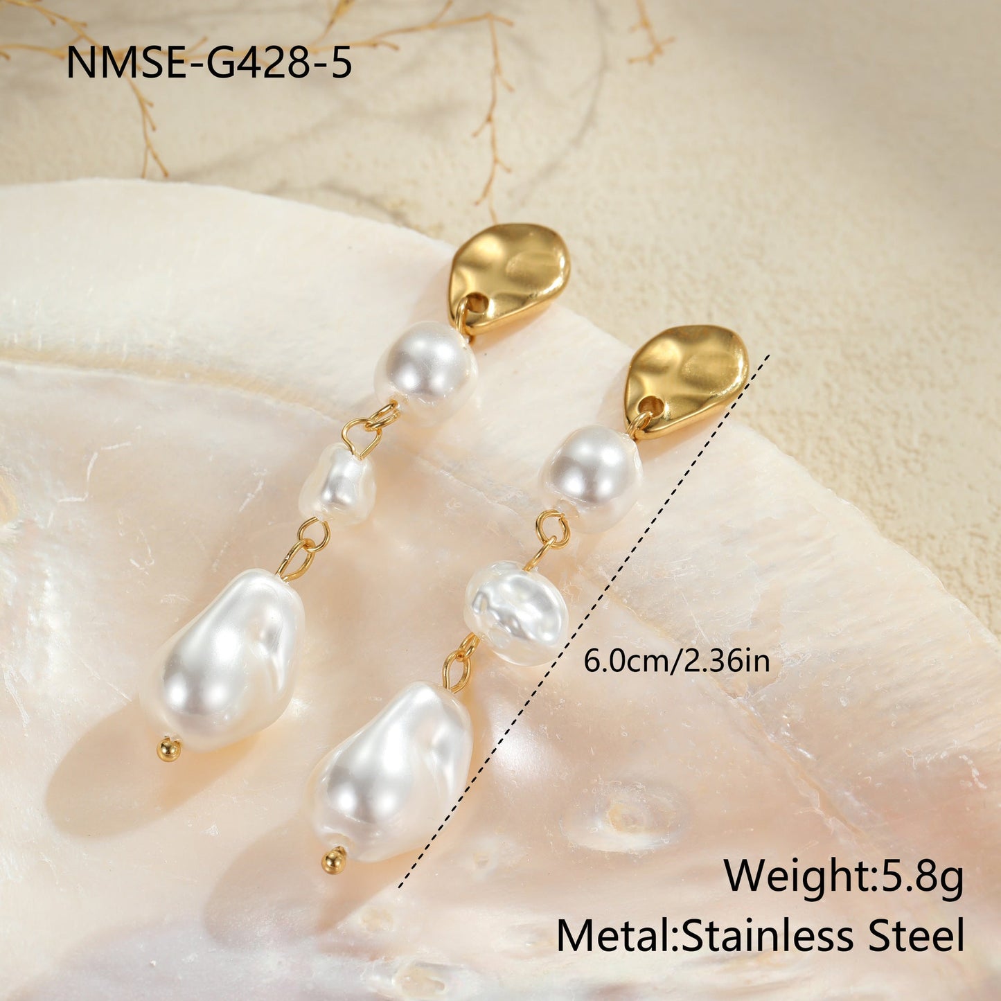 Retro Design Imitation Baroque Pearl Earrings Stainless Steel Earrings Plated 18K Gold Light Luxury Ear Rings