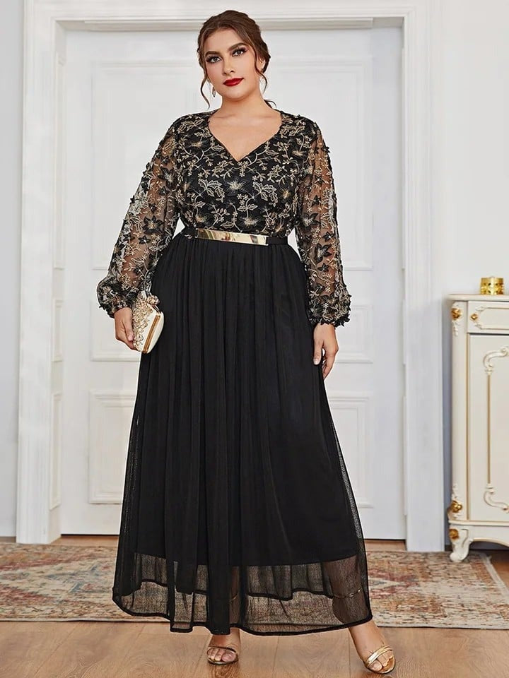 Women Dress V neck Black Panel Long A Line Maxi Dress