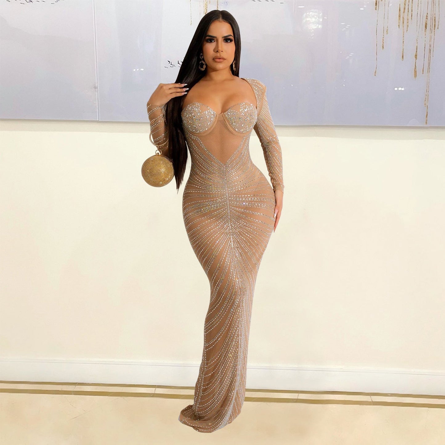 Autumn Winter Women Clothing Sexy Mesh Rhinestone Long Sleeve Maxi Dress Women