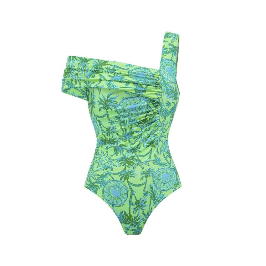 Swimsuit One Shoulder Green Fresh Holiday Floral Print One Piece Swimsuit Set