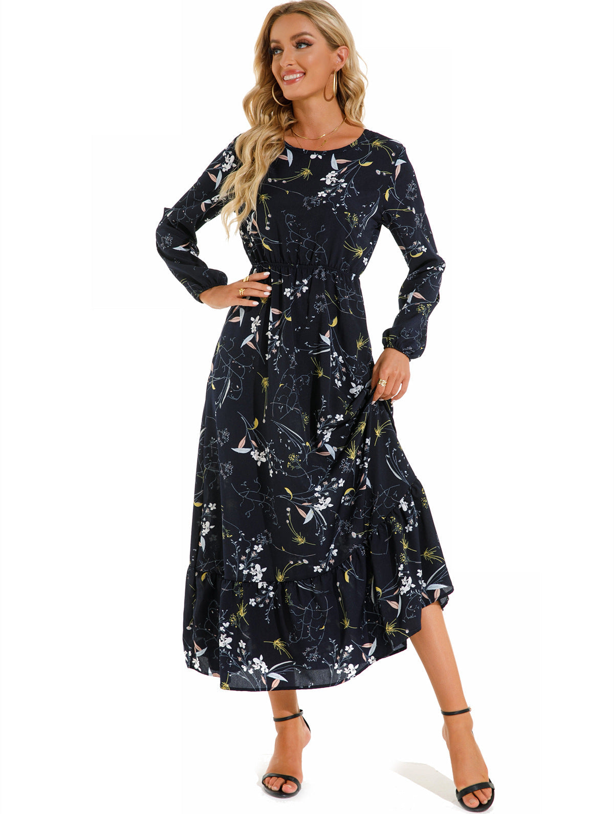 Spring and Autumn floral chiffon dress waist thin long sleeve round neck long printed skirt children