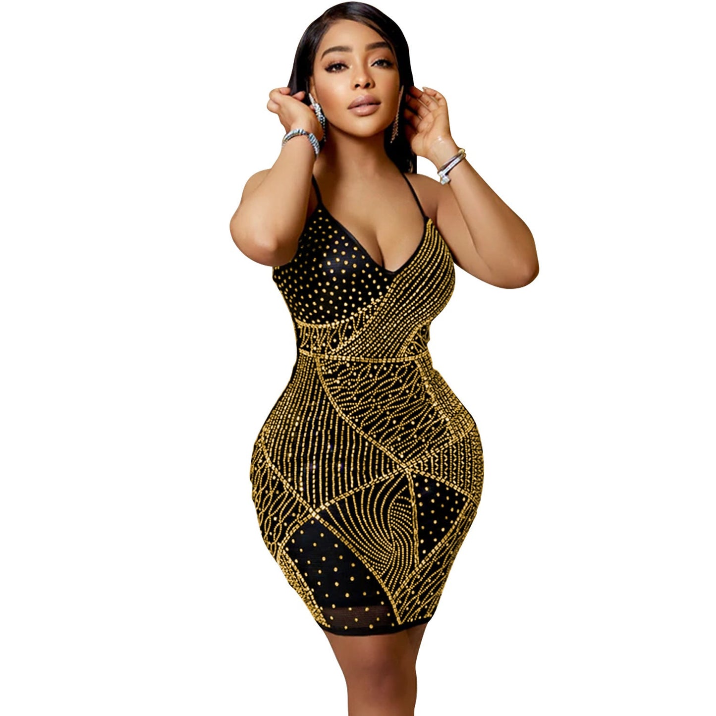 Summer Women Clothing Sexy V-neck Backless Nightclub Rhinestone Dress for Women