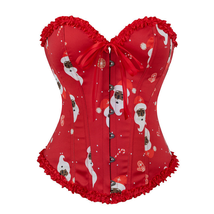 Christmas Holiday Party Dress Cartoon Santa Claus Pattern Boning Corset Lace Tight Fitting Cinched Christmas Corset
