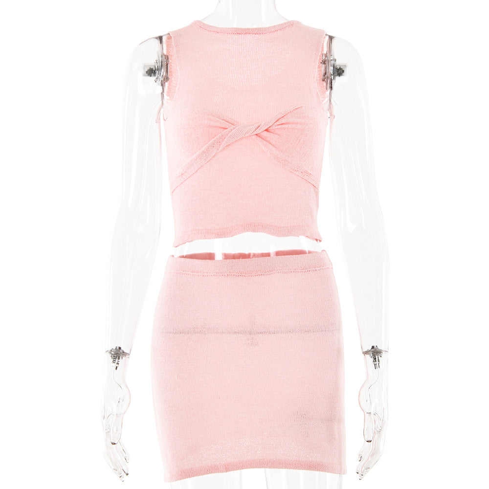 Group Suit Women Knitted Twisted Sleeveless Top Skirt Two Piece Set Sexy Sexy Spring Summer
