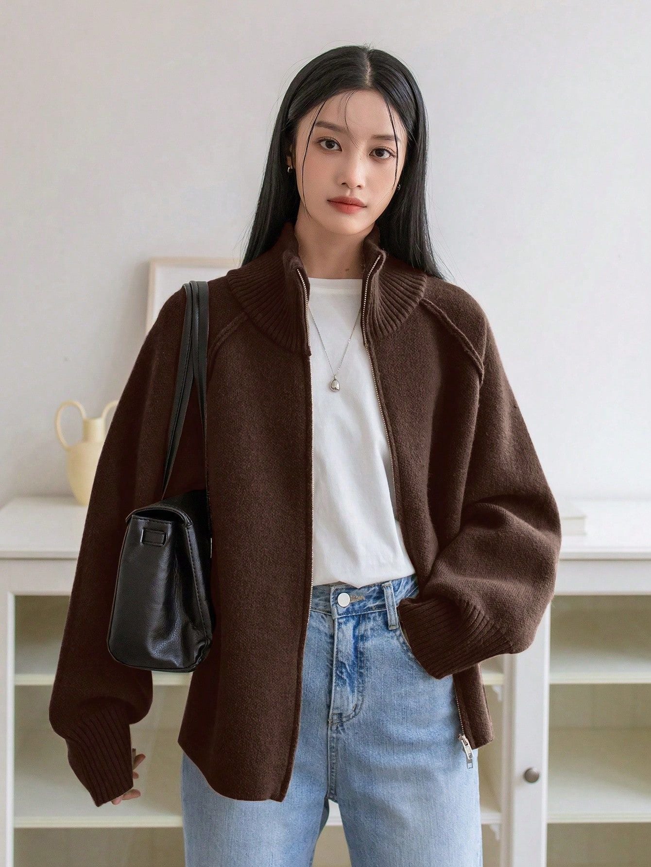 Lazy Sweater Coat Women Autumn Winter Korean Solid Color Stand Collar Zipper Knitted Cardigan Top