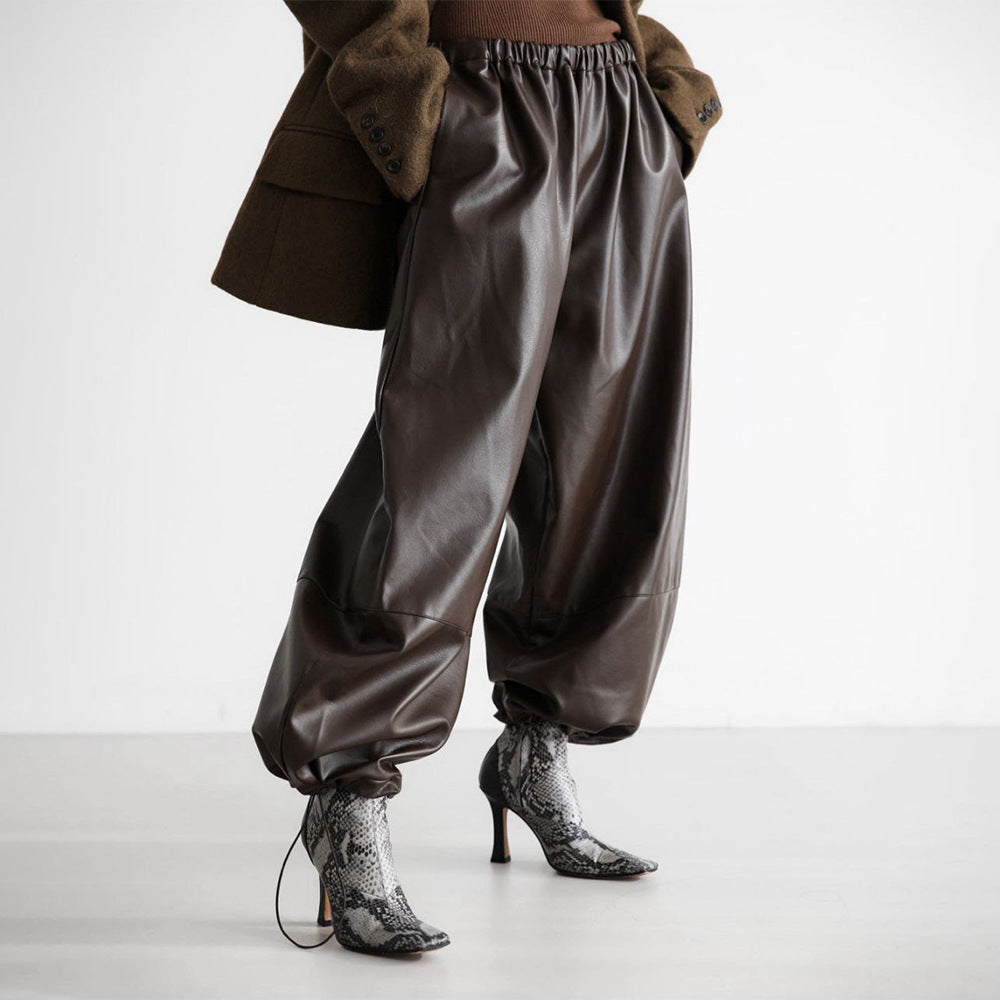 Leather Pants Women Autumn Winter Drawstring Ankle Tied Bloomers Loose Leather Pants Faux Leather Trousers for Women