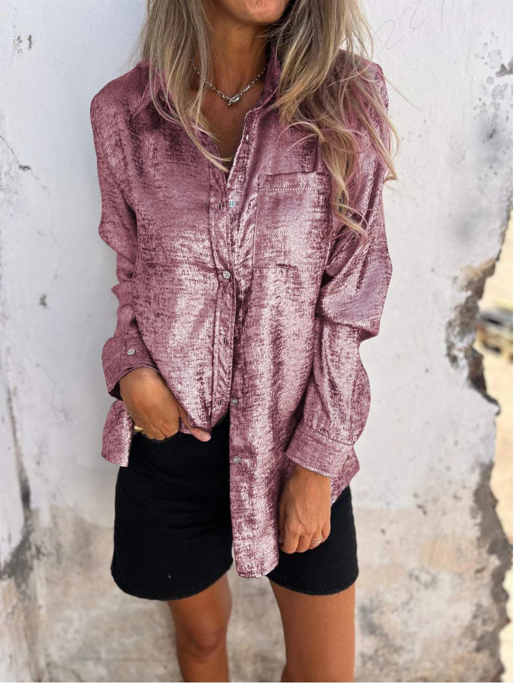 Spring Women Clothing Casual Suede Polo Collar Shirt