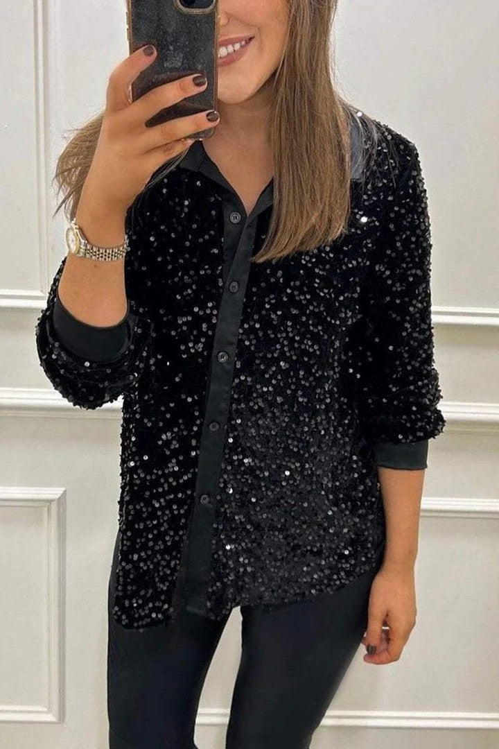 Autumn Winter Long Sleeve Loose Casual Sequin Shirt