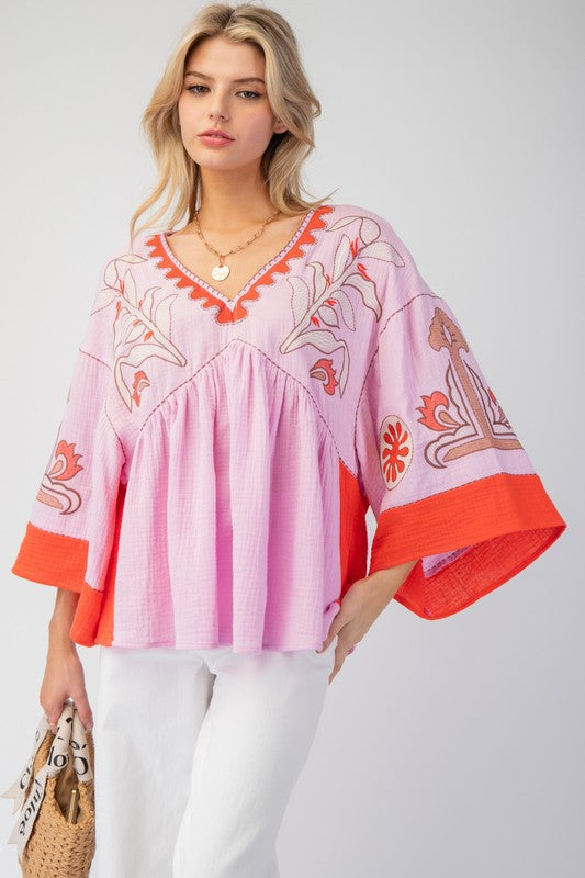 Spring Summer Women Clothing V neck Stitching Flare Sleeve T shirt Contrast Color Loose Top for Women