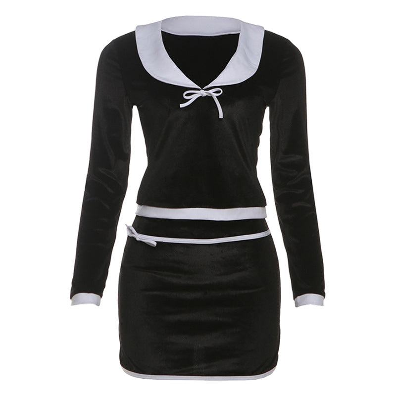 Autumn Winter Women Clothing Collared Bow Sexy Long Sleeved Shirt Sheath Skirt Outfit