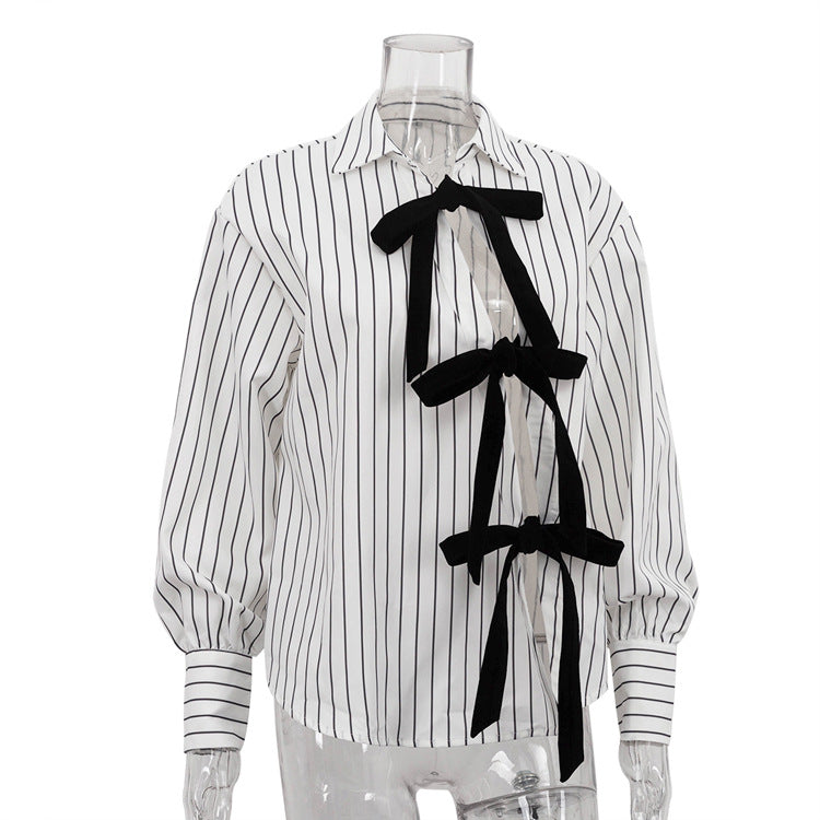Niche Design Lace Printing Striped Shirt Women Autumn Polo Collar Long Sleeved Cardigan All Matching Top