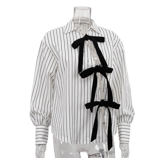 Niche Design Lace Printing Striped Shirt Women Autumn Polo Collar Long Sleeved Cardigan All Matching Top