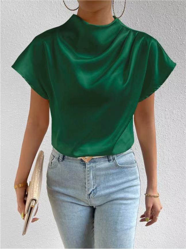 Round Neck Short Sleeve Left Shoulder Pleated T shirt Satin Women Top