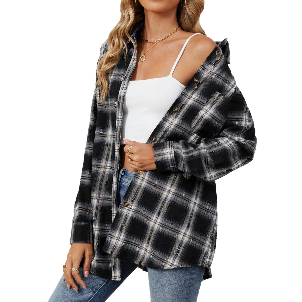 Autumn Winter Retro Crocheted Long Sleeve Loose Lapels Plaid Shirt Women