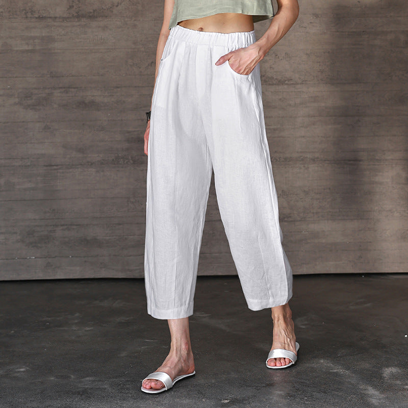 Pure Linen Cropped Pants Women Autumn Elastic Waist Radish Pants Loose Pants All Matching Slimming Straight Pants