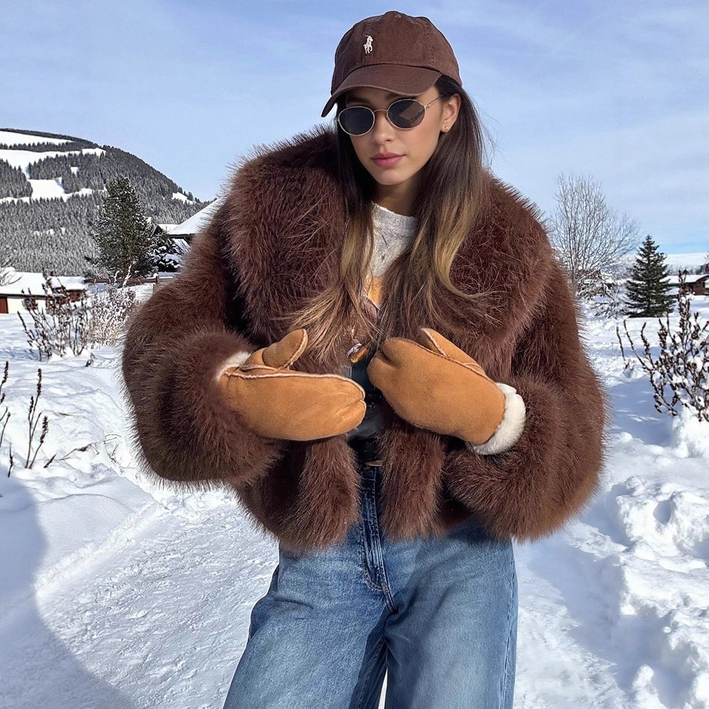 Autumn Winter Women Clothing Idle Collared Thickening Faux Fur Effect Plush Environmental Protection Fur Overcoat Coat