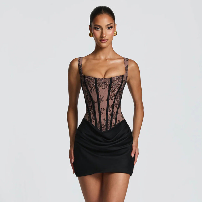 Women Clothing Spring Summer Square Collar Lace Printed Line Stitching Heap Pleated Dress