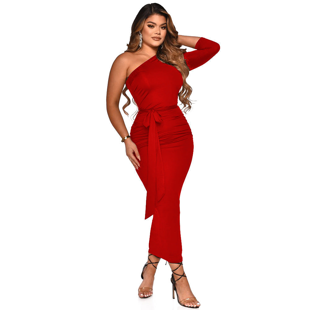 Women Clothing Sexy Tight Irregular Asymmetric Shoulder Half Sleeve Dress