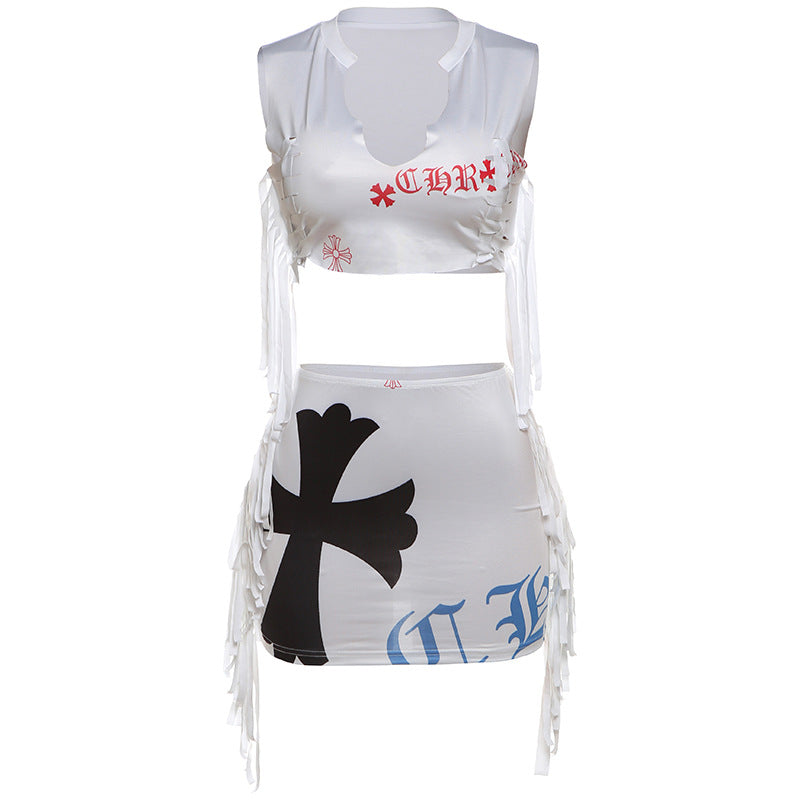 Summer Women Clothing Sleeveless Printed Top Tassel High Waist Slim Fit Hip Wrapped Short Skirt Set Women