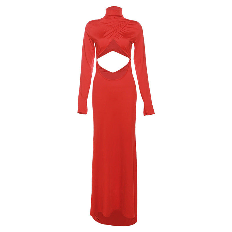 Autumn Winter Women Clothing High Collar Long Sleeve Sexy Cutout Bare Cropped Slim Fit Hip Bag Dress