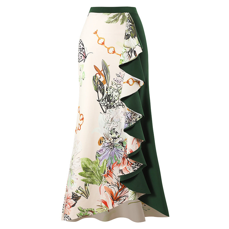 Women Swimsuit Elegant Printed Stitching Contrast Color Beach Sun Protection Skirt Shoulder Two Piece Swimsuit