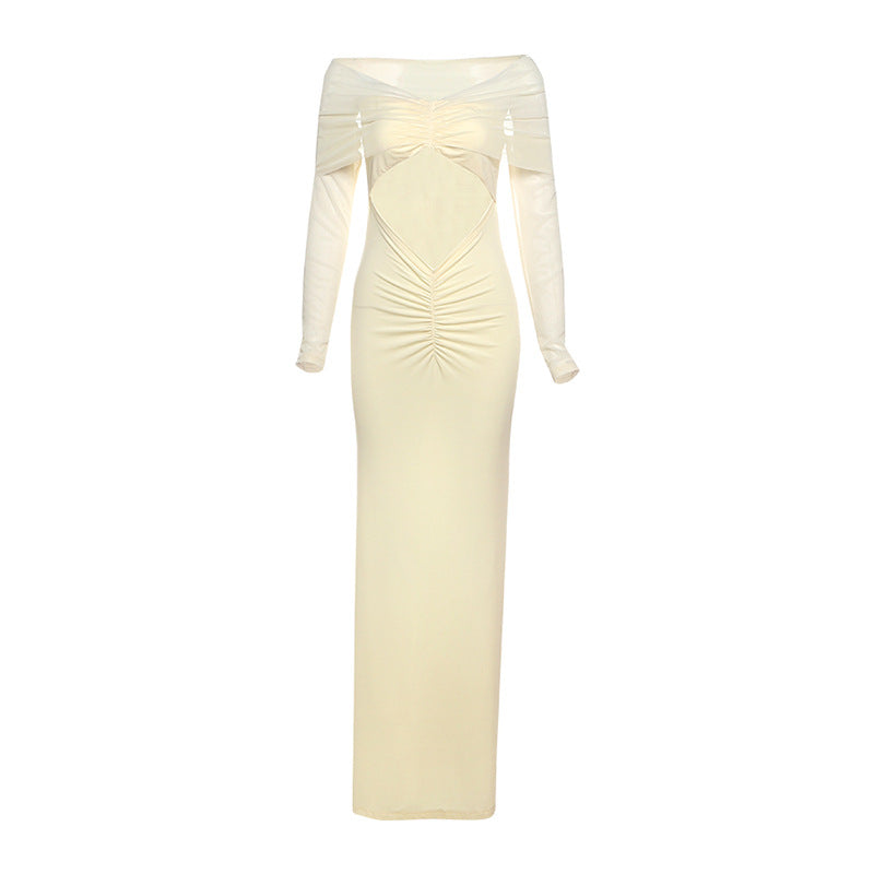 Summer Sexy Elegant Mesh Backless Maxi Dress Solid Color Long Sleeve off Shoulder Dress