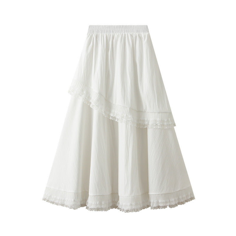 Lace Stitching Tiered Skirt Women Spring Elastic High Waist Slimming Draping Ruffled Large Swing Dress