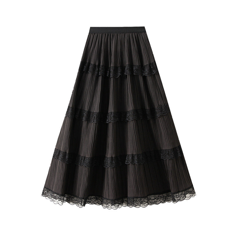 Lace Mesh Patchwork Skirt Women Spring Super Fairy A line Slimming Mid Length Tiered Ruffle Dress