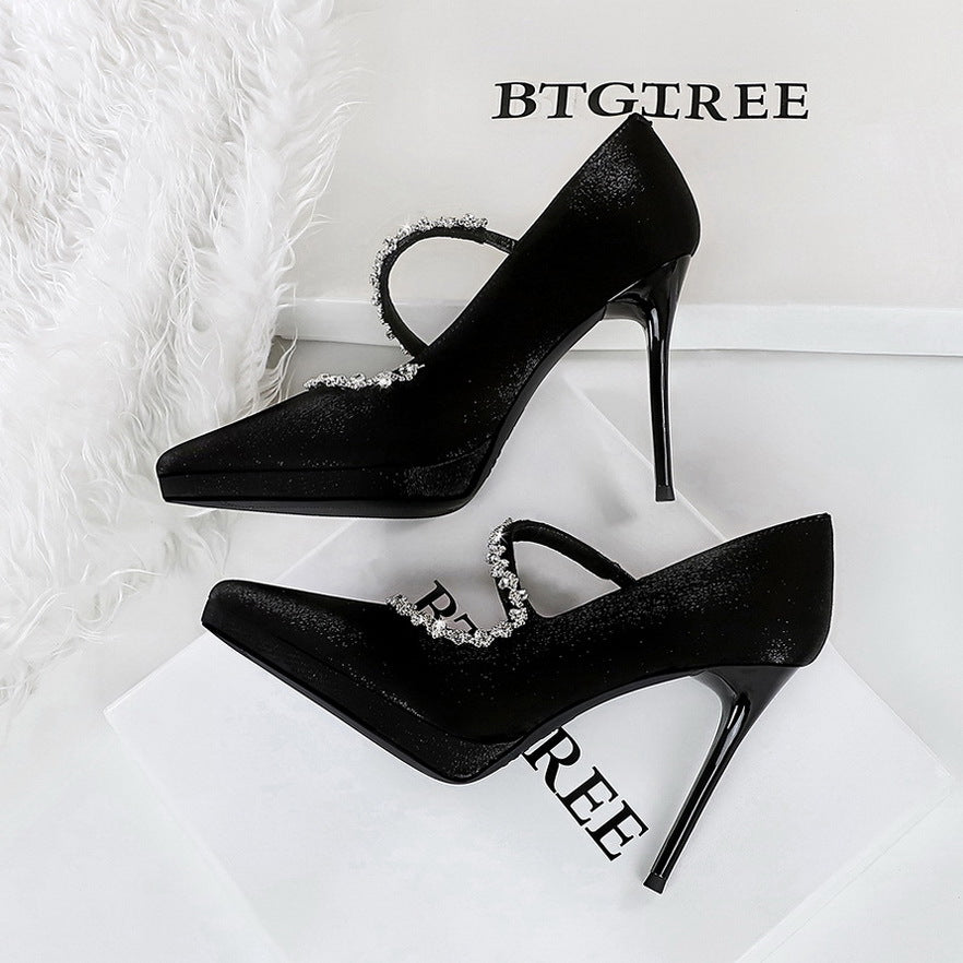 Cocktail Pointed High Heels Women Diamond Chain Ankle Strap Stilettos Pumps Shallow Mouth Sexy Women Shoes