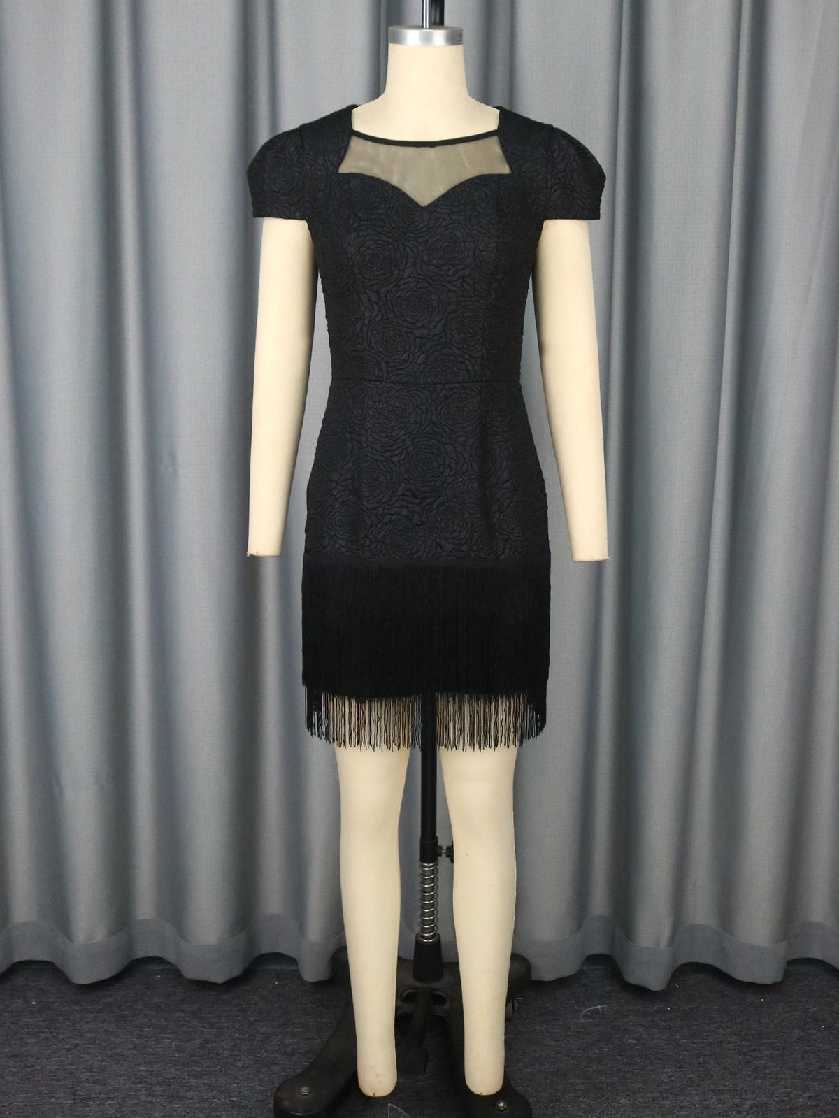 Hollow Out Cutout Mesh French Black round Neck Dress Tassel Hem Cocktail Evening Dress
